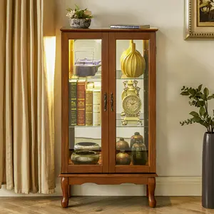 26x11.75x43.5in Oak Corner Curio Cabinet - Collectible, Freestanding, LED, Mirrored Acrylic Back, 3 Adjustable Tempered Shelves, Magnetic Door, Built-In Lighting, 100LBS Capacity, Classic Composite Wood Display, Collectible Glass Cabinets, Freestanding Gl