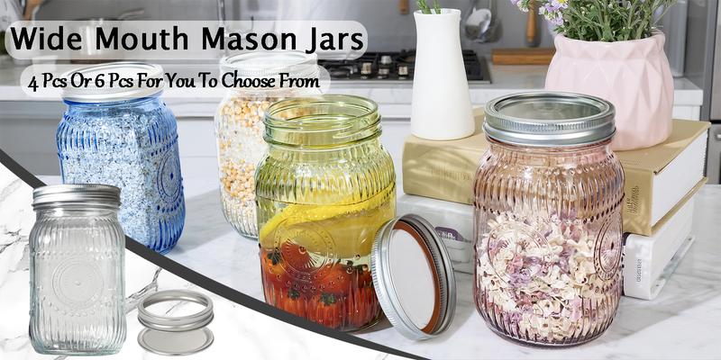 4/6 Pack 32 oz Sunflower Print Clear/ Blue/ Green/ Pink Wide Mouth Mason Jars for Preserving,Jam,Honey for Storing All kinds of Food