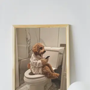 Goldendoodle Bathroom Wall Art, Funny House Decor Print, Goldendoodle Sitting on the Toilet in a Robe with Phone, Room Decor, Unframed
