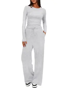 Luxe Curve 1 Set Women's Solid Ruched Tee & Drawstring Pocket Pants Loungewear Sets, Casual Long Sleeve Shirt & Elastic Waist Trousers, Ladies Loungewear for All Seasons,Women's Lounge Set,Comfortable Suits,Suitable For Various Occasions, Pajama Set
