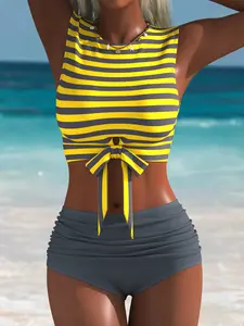 Colorblock Striped Two-Piece Swimsuit, Tie-Back Slimming Push-Up Women's Swimwear, Elegant Beach Resort Swimming Costume