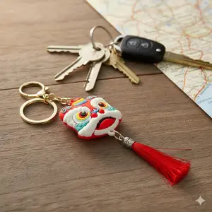 Cute Lion Dance Plush Car Keychain Decor, Fu Shou Mascot Keyring Hanging Ornament, Fluffy New Year Style Auto Interior Pendant, Festive Gift Accessory for Steering Wheel
