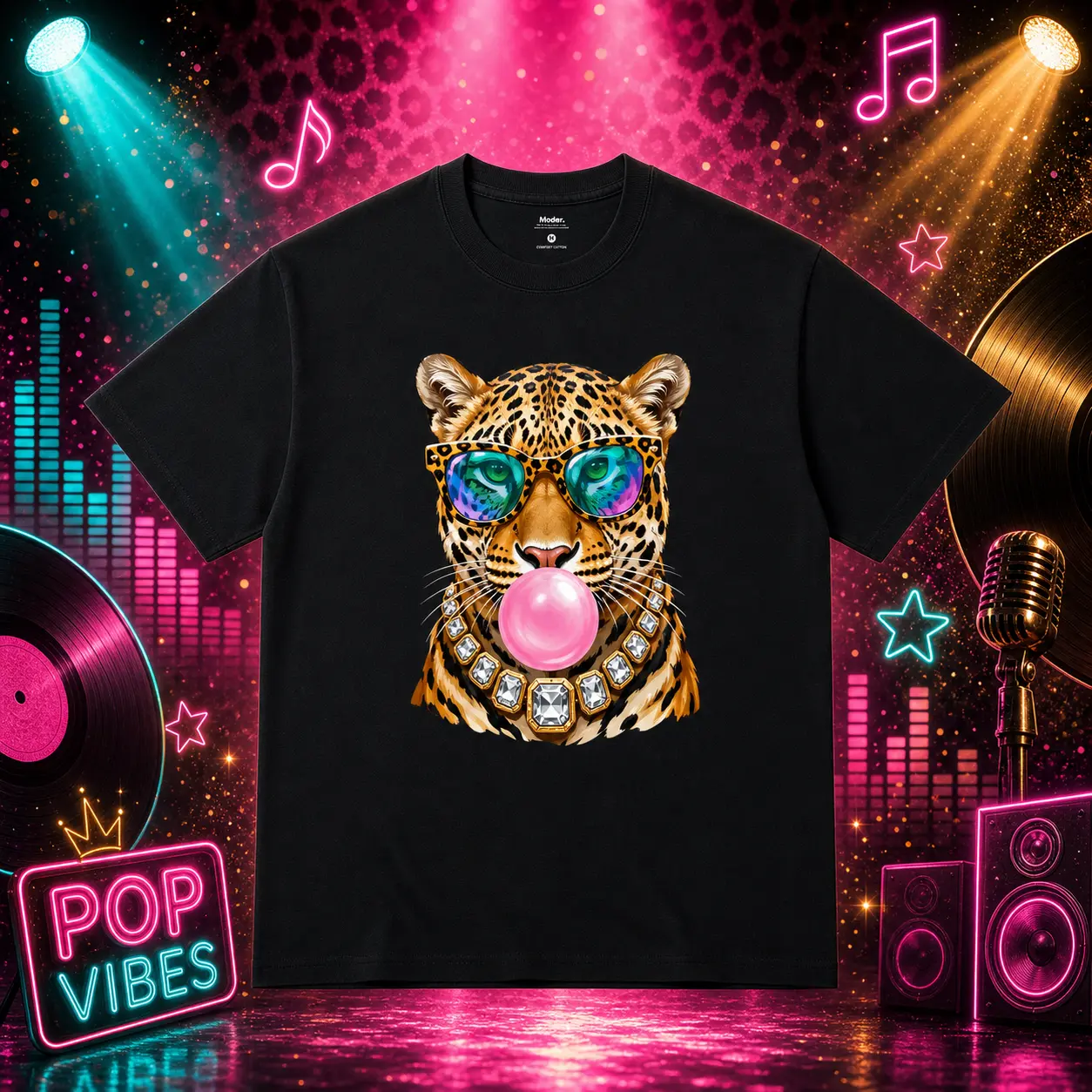 Women's Cotton Streetwear Short-Sleeve Crew Neck T-Shirt - Black Top with Leopard, Bubble Gum Graphic and Cool Sunglasses Wild Cat Print, Tshirt