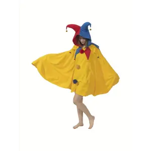 Adult Jester Costume Hooded Cloak with 2 Bells - Vibrant Yellow & Red/Blue Clown Outfit for Halloween, Mardi Gras, Cosplay - Soft Polyester, One Size Fits Most, Christmas Costume, Party Cape