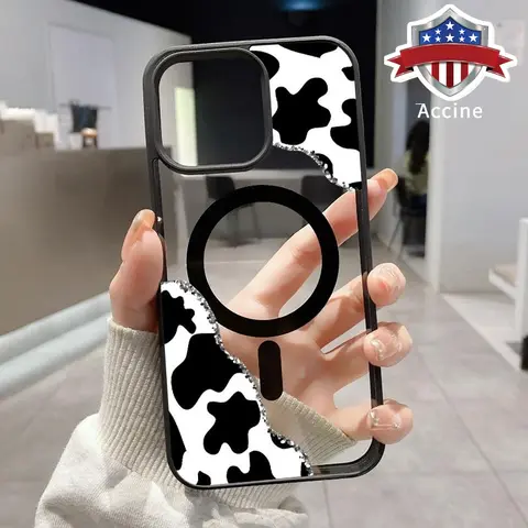 Cow Print Corner Pattern Magnetic Smartphone Cover, Non-Yellowing Transparent Acrylic Resin Protector for iPhone 12-17 Series, 11, Air, E Plus - Slim Silicone Shockproof Casing, Drop Protection, Wireless Charging Support (Handheld Devices Accessory)