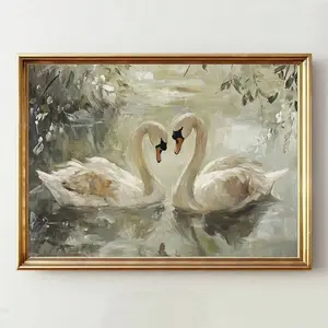 1pc Unframed Vintage Swan Lake Landscape Poster, Romantic Love Wall Art Canvas, Minimalist Farmhouse Decor Vintage Painting, Suitable For Couples, Lovers, Apartment, Living Room, Bedroom, Modern Home Decor
