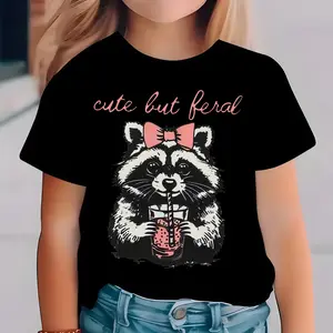 Cute Cotton children's short sleeves with Cute pink bow raccoon pattern Outfits Raccoon Letter Print Crew Neck  Printed Animal  And T-shirt  Exclusive outfits for cute little girls Cute raccoon pattern short-sleeved shirt