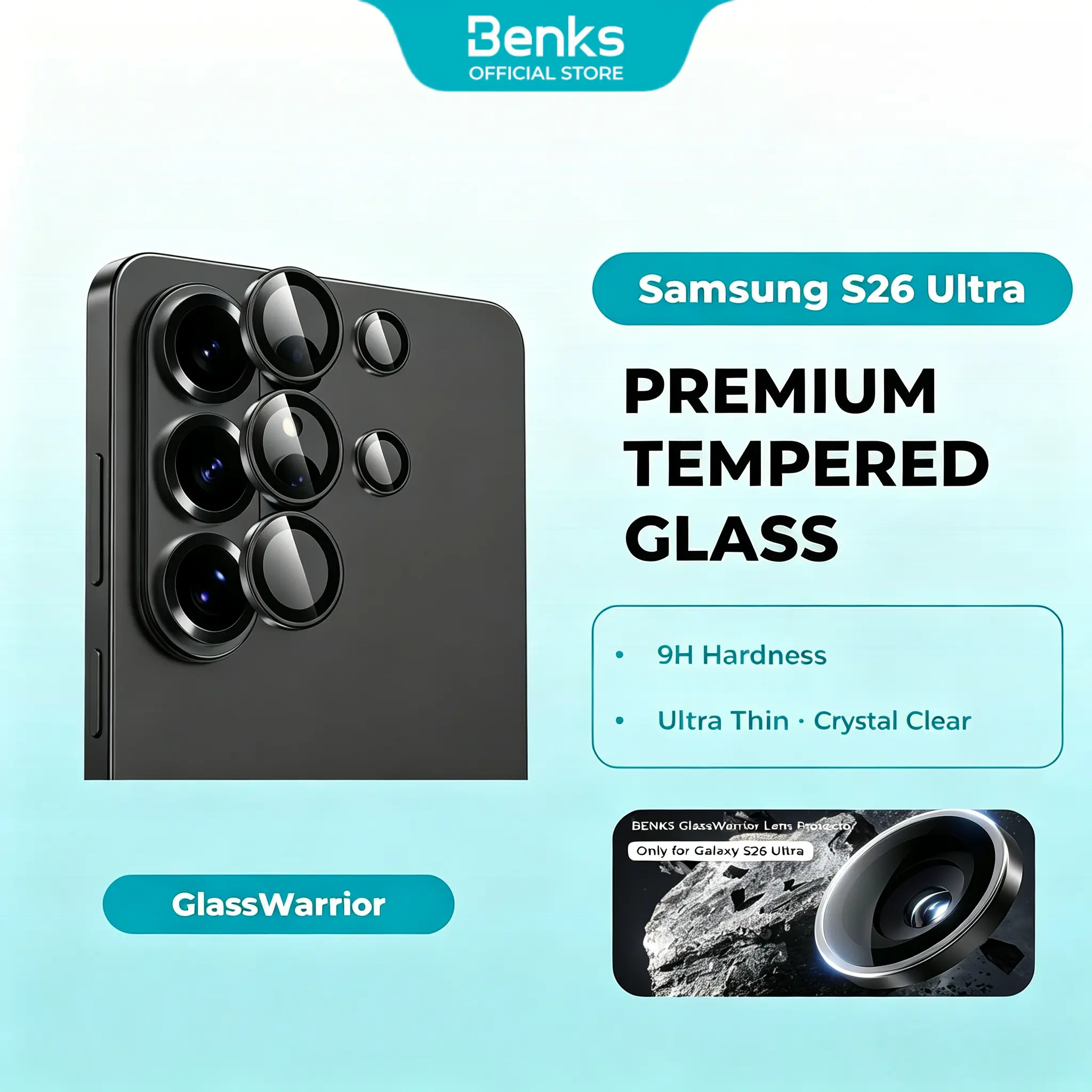 BENKS GlassWarrior Camera Lens Protector for Samsung Galaxy S26 Ultra, 9H Tempered Glass, Anti Reflective HD Clarity, Ultra Thin Scratch Resistant, Individual Metal Lens Ring Design