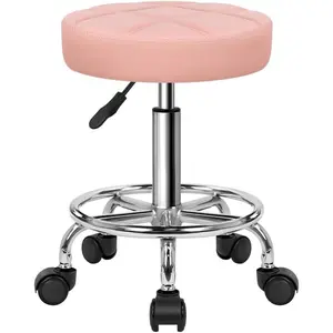 Round Rolling Stool Chair PU Leather Height Adjustable Swivel Drafting Work SPA Shop Salon Stools with Wheels Small Pink Office Chair