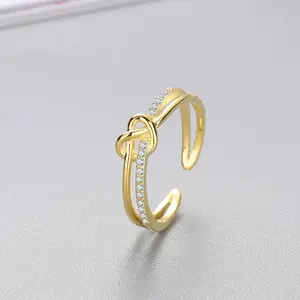 Women's Trending Gold-Plated Copper Adjustable Knot Open Ring - Micro Pave CZ Wrapped Band, European American Style Stackable Daily Jewelry Gift