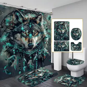 4 Pcs Dreamcatcher Wolf Bathroom Curtain Sets with 12 Hooks,Native American Wolf Large Waterproof Thickened Mildew Proof Bathroom Partition Curtain,Bathroom Aesthetic Shower Curtain,Toilet Lid Cover,Non-Slip Bathroom Rugs and U Shape Bath Mat,Modern Decor