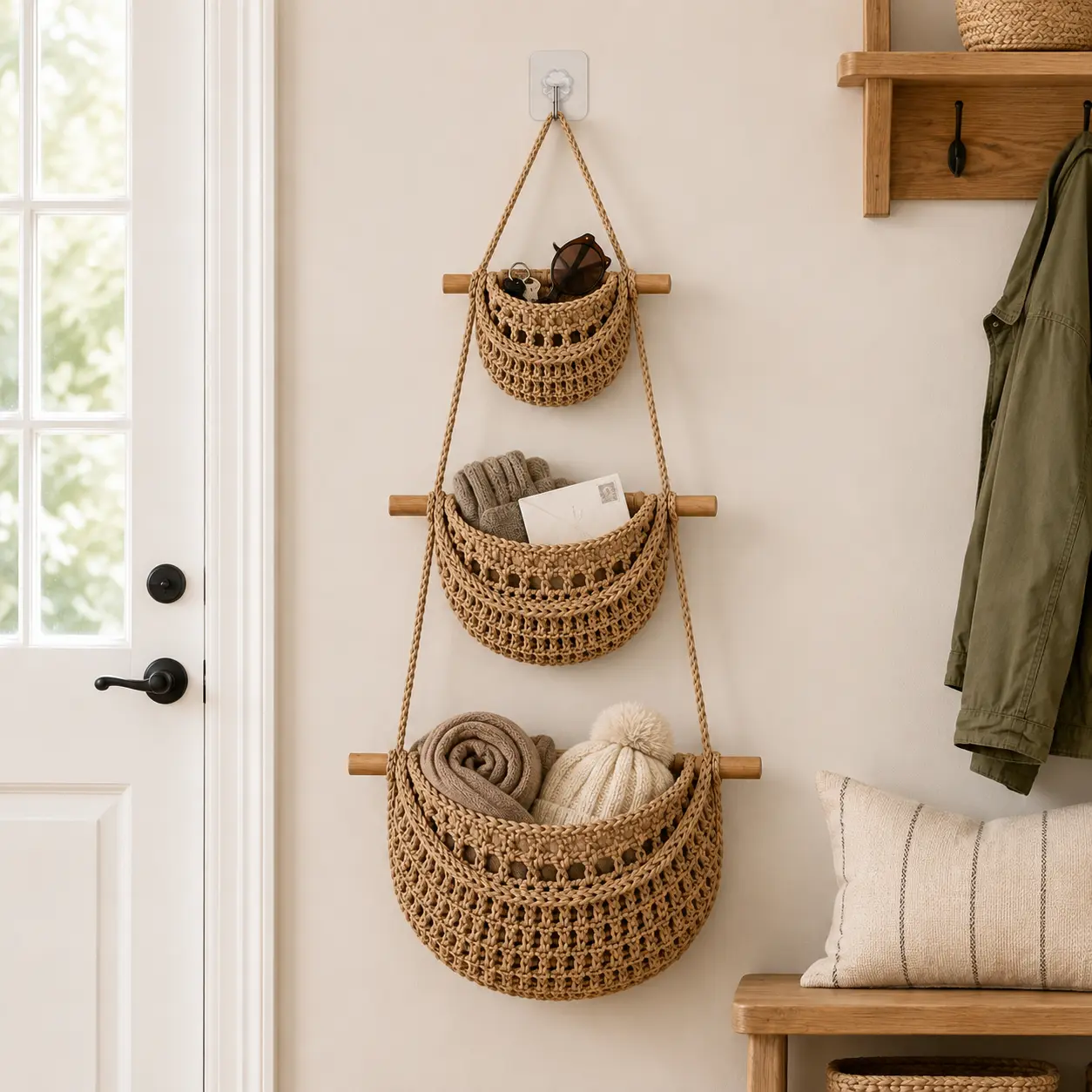 3-Tier Natural Cotton Macrame Hanging Wall Basket Organizer - Handwoven, Durable, Collapsible, Portable, Hangable, Space-Saving Home Accessory with 3 Spacious Pockets, Universal Storage for Organizing in Bathroom, Kitchen (Hang on a Hook)