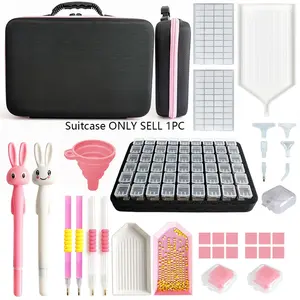 Complete Diamond Painting Set - Pink Glitter Suitcase with Rabbit Pen, Wax, Bead Sorter, and Storage Trays for DIY Craft Project
