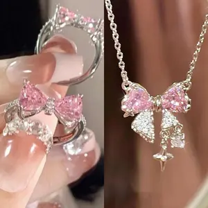 2pcs Set Fashion Bowknot Necklace Rings Set Crystal Bow Knot Pendant Necklaces Adjustable Bow Rings Fairy Shiny Pink Jewelry