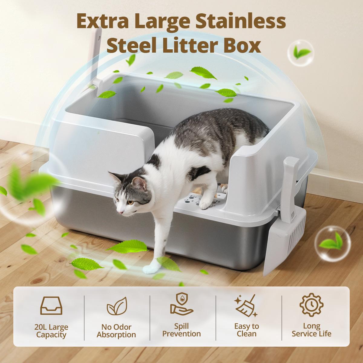 CAVEEN Stainless Steel Cat Litter Box, 20L Large Capacity XL, Easy to Clean, High Sided, Anti-Urine Leakage, Non-Stick Bottom & Non-scratch & 2xScoop, for Large/Medium/Small Cats