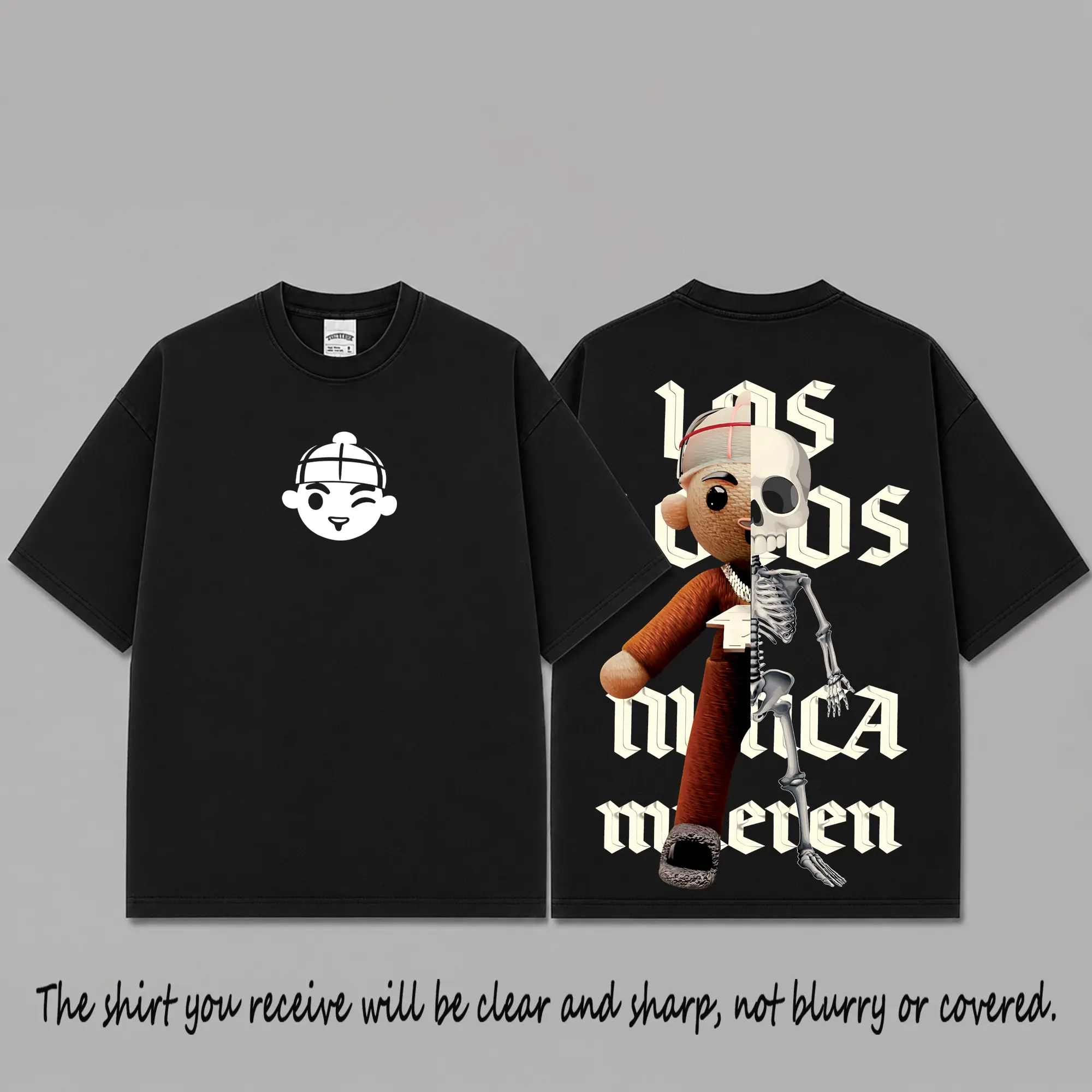 Los Ojos Nunca Mienten Chuyin Graphic T-Shirt, Fuerza Regida Fan Tee, Half Skeleton Doll Design, Black Oversized Corridos Streetwear, Mexican Music Merch Gift