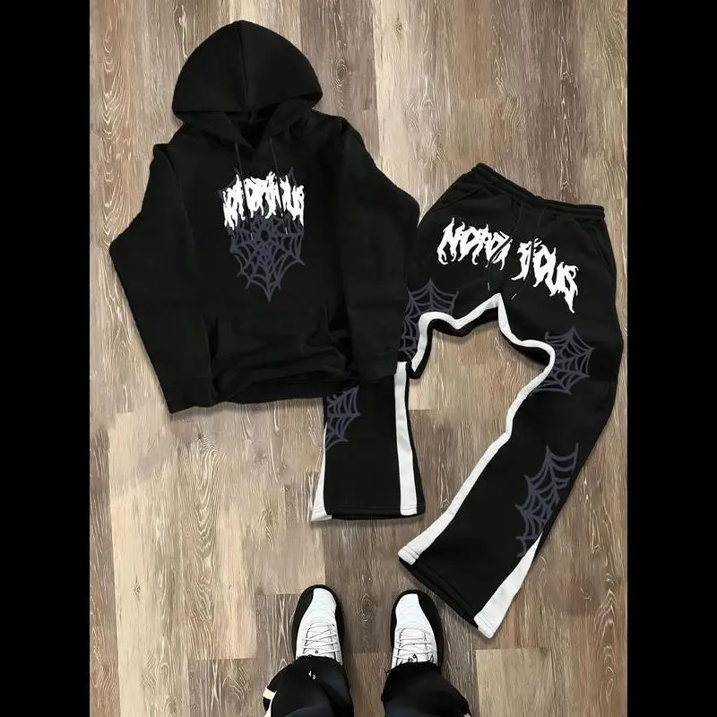 Men's 2-Piece Spider Web Print Sports Sweat Suit - Hooded Longsleeve Sweatshirt with Pockets, Drawstring Waist Flare Leg Pants, Regular Fit Athleisure All-Over Black Print Casual Streetwear for Daily Wear, 2 Pc Set Men's Sports Sweat Suit, 2-Piece Drawstr