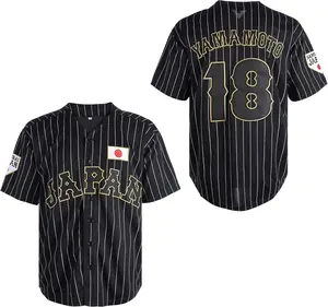 Men's Black Pinstripe #18 Yamamoto Team Japan  Baseball Stitch Mens Jersey Black White