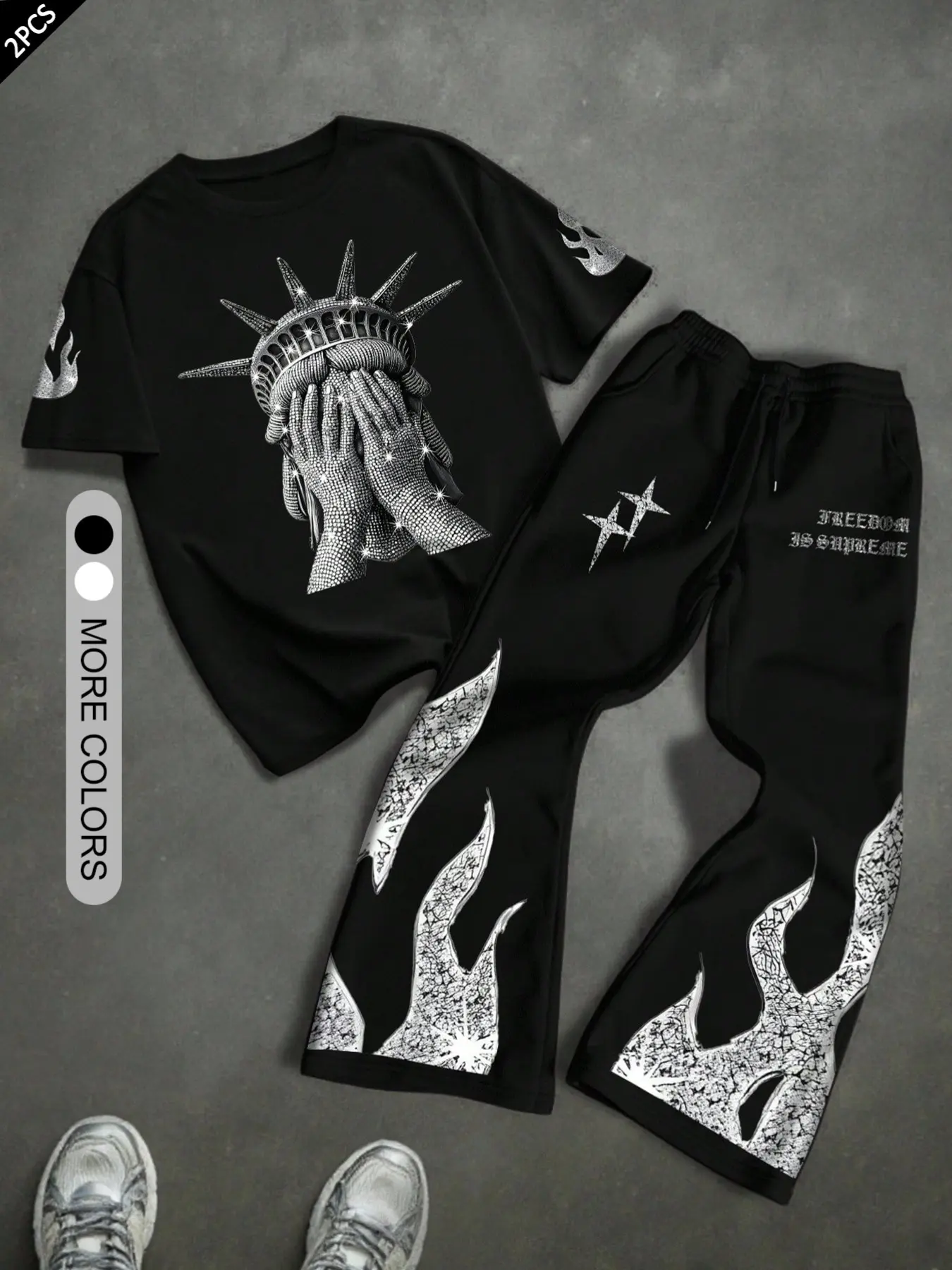 Men's T-Shirt & Long Pants Set, Freedom Goddess Print Top with Flame Print Straight Leg Pants, Outdoor Casual Party Wear Streetwear