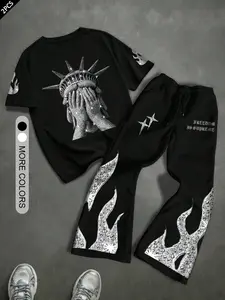 Men's T-Shirt & Long Pants Set, Freedom Goddess Print Top with Flame Print Straight Leg Pants, Outdoor Casual Party Wear Streetwear