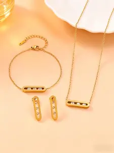 Elegant Gold Rectangle CZ Jewelry Set, Minimalist Oval Bar Cubic Zirconia Pendant Necklace Bracelet Earrings, Daily & Party Wear Accessory