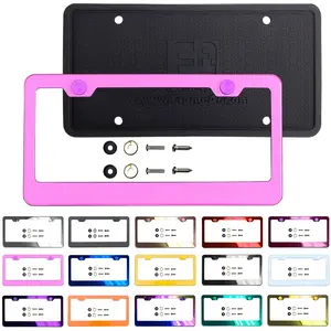 Silicone Back Guard License Plate Frame Flat Pink Powder Coated Universal Fit Aluminum Screw On Cap Cover, T304 Stainless Steel, Rust Proof Weather Proof Stainless Steel Screws (Qty: 1 Frame)