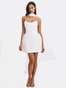 Tressa White Beaded Mesh Strapless Mini Wedding Dress