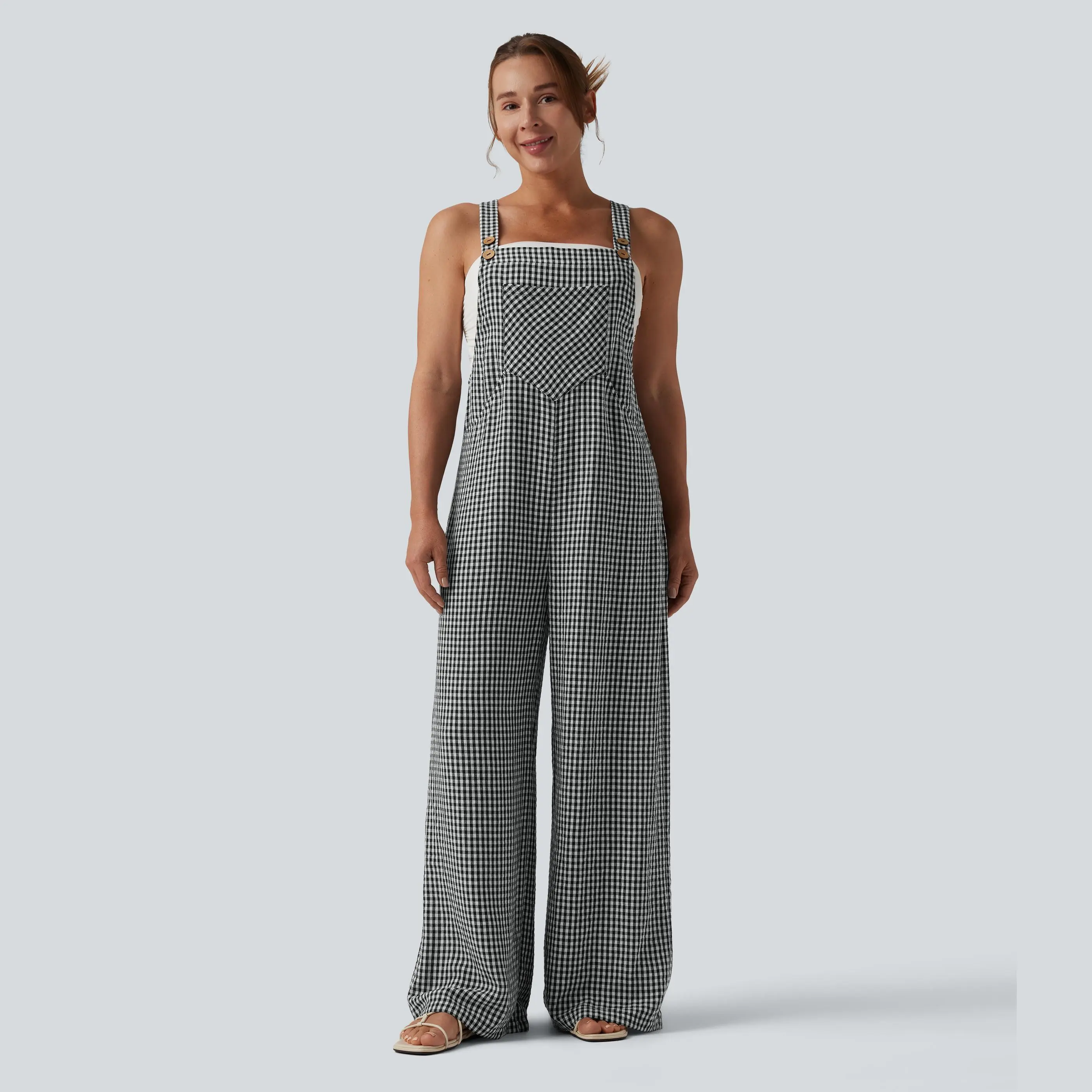 Halara Plaid Casual Linen-Feel Overalls with Pockets Halara Plaid Casual Linen-Feel Overalls with Pockets