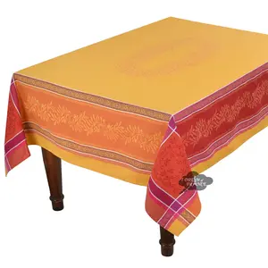 62" Square Olivia Yellow & Red French Jacquard Tablecloth by Tissus Toselli