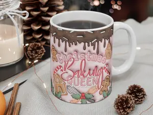 Christmas Baking Queen Cup, 3D Inflated Coffee & Tea Mug 11oz, Pink Gingerbread House Design, Ceramic - Dishwasher Safe Drinkware Beverage