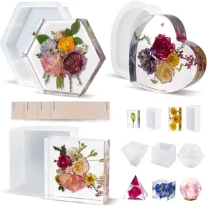 8Pcs Silicone Resin Molds, Deep Epoxy Resin Molds for Flower Bouquet Preservation, Large Silicone Molds for Resin Casting Craft Including Square Hexagon Heart Resin Mold