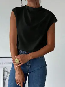 Women's Minimalist Elegant Fashion Office Commute White Stand Collar Asymmetric Shoulder Ruched Capped Sleeve Fitted Blouse Pink