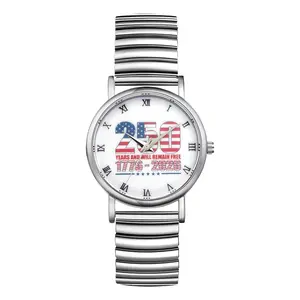 Elastic Watch for Women, Easy Reader Quartz Watch with Stainless Steel Expansion Band, 250th Anniversary USA Dial, Large Numerals, Silver-Tone Everyday Wrist Watch