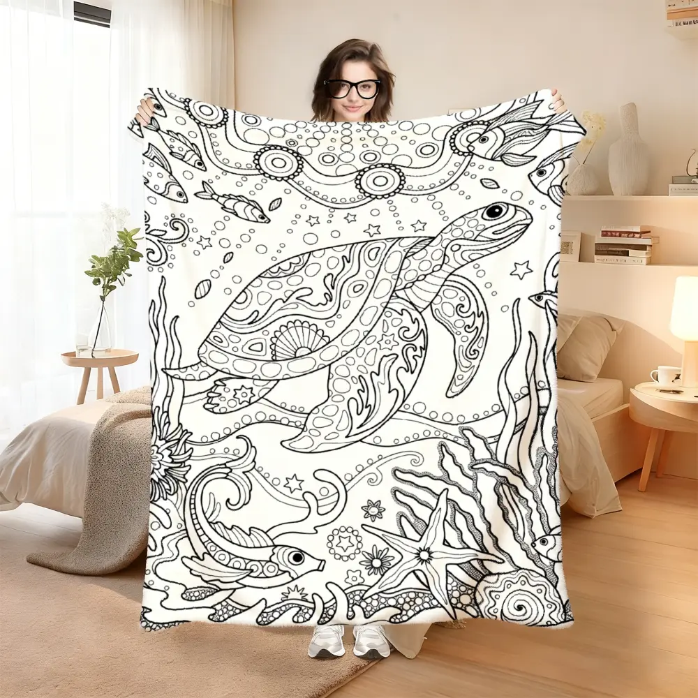 Whale Ocean Coloring Book Style Blanket, Soft Flannel Throw Blanket with Black White Whale Fish Coral Sea Life Print, Cozy Gift for Kids Girls Teens and Ocean Lovers, Cute Coastal Room Decor for Bed Couch Sofa Dorm, Lightweight Warm Blanket