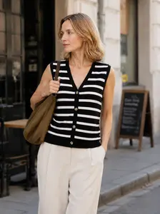 Women's Striped Sweater Vest, 100% Cotton V Neck Button Front Sleeveless Cardigan Top, Lightweight Knit Vest for Work Casual Looks