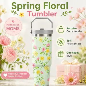Floral Insulated Tumbler with Handle 30 oz | Flip Sip Lid and Foldable Carry Handle | Leak Resistant Water Bottle | Stainless Steel | BPA-Free | Green Floral