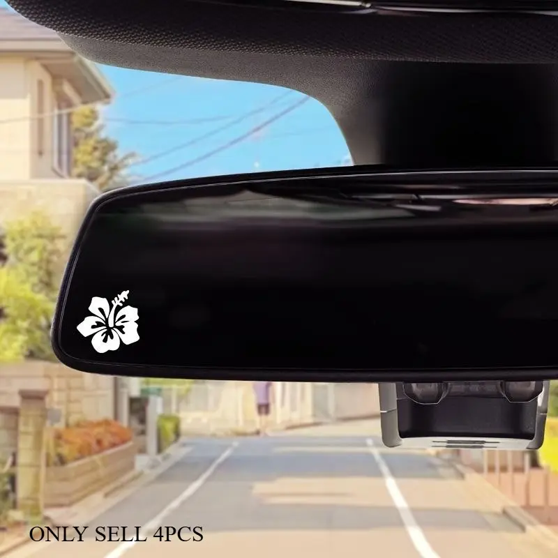 4PCS/SET Hibiscus Themed Car Sticker for Car Rearview Mirror Decoration, Car Interior Decorative, Car Interior Decal, Create Tropical Vacation Styled Interior Space, A Must for Coastal Enthusiasts, Show Unique Tropical Taste, Car Decals