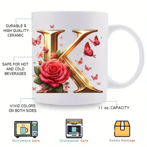 Bpa Free 11oz Ceramic Mug Featuring Alphabet Floral Design Portable Microwave Safe Wide Mouth Suitable for Celebrations