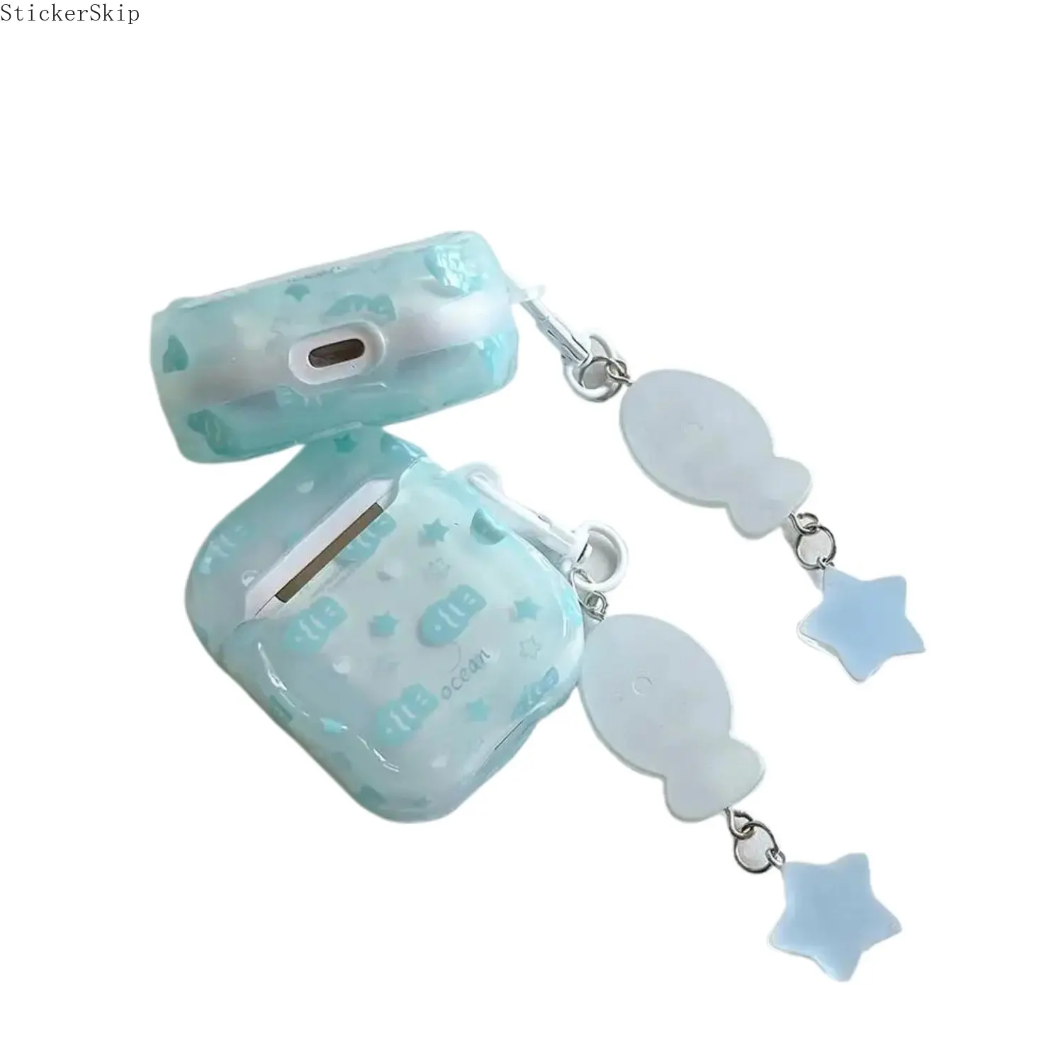 2026 Blue Fish Star Portable AirPods Case - Cute Ocean Aesthetic Silicone Cover with Handy Keychain, Shockproof Protection, Chargeable Wireless Charging Compatible for AirPods 1/2/3/4/Pro/Pro 2