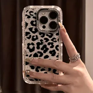 Black Leopard Luxury Rhinestone Fashion Phone Case, Transparent Sparkling Diamond Border Star Case Anti-Drop Case, Suitable for iPhone 17 Pro Max 17 Air 16 15 14 Plus 13 12 11 Protective Cover, Christmas Gift, New Year Gift, Easter Gift, Halloween
