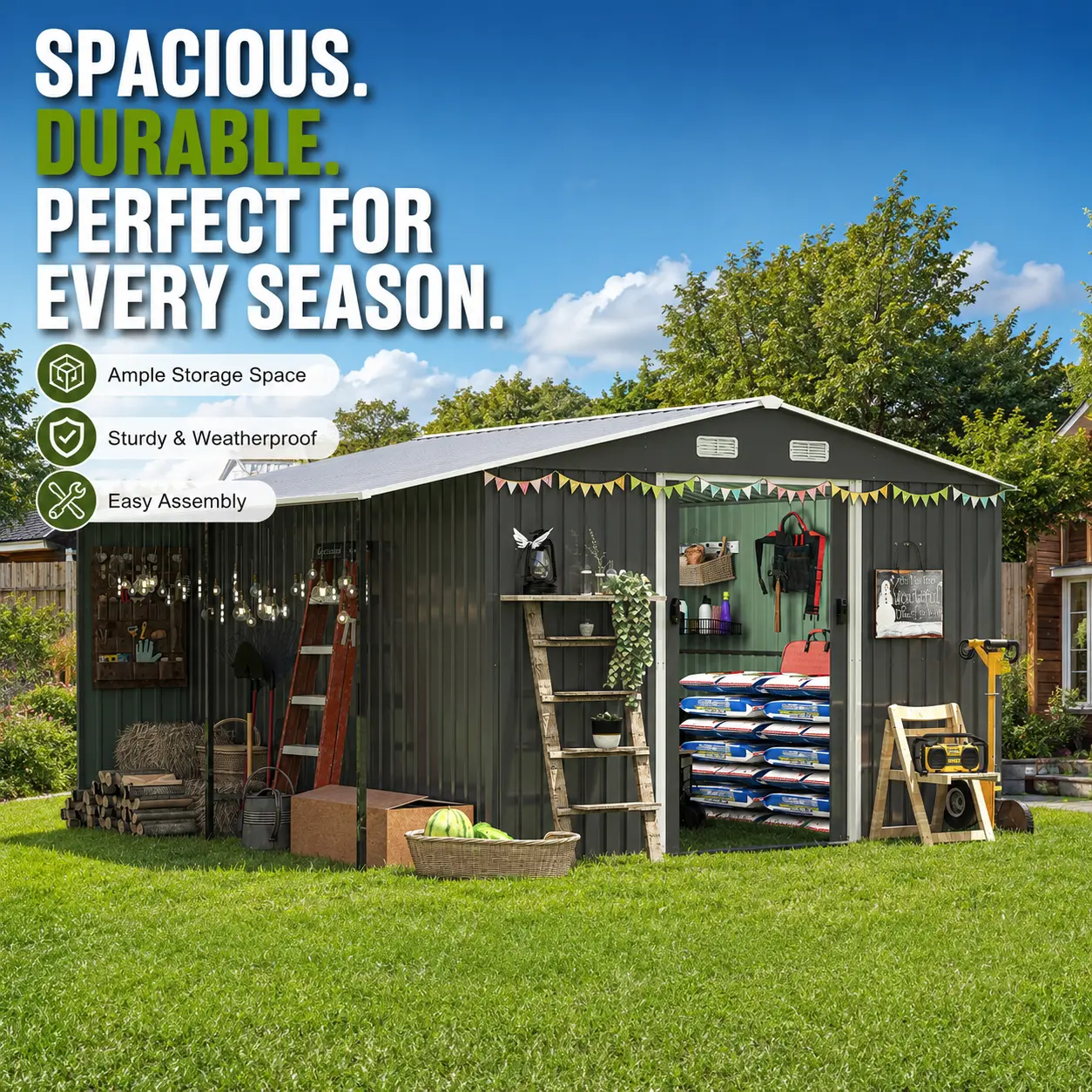 Elon Outdoor Storage Shed 10x12 Ft Extra Large Metal Shed with Lockable Doors and Windows Steel Tiny House for Garden Backyard Chicken Coop Utility Tool Storage Building Heavy Duty Patio Storage Shed Outdoor Organization Kit