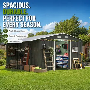 Elon Outdoor Storage Shed 10x12 Ft Extra Large Metal Shed with Lockable Doors and Windows Steel Tiny House for Garden Backyard Chicken Coop Utility Tool Storage Building Heavy Duty Patio Storage Shed Outdoor Organization Kit