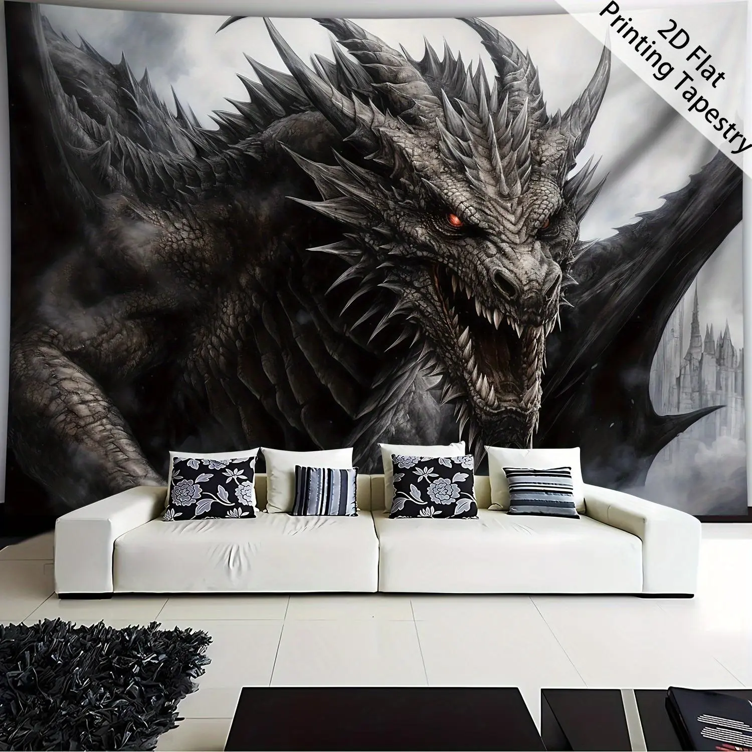 2D Flat, [ 2D Flat Printing] 1pc- Ultra Large Size- Majestic Dragon Animal Pattern - HD Digital Printing Huge Tapestry- Polyester- Home Decoration- with Free Hanging Clips, 2D Flat