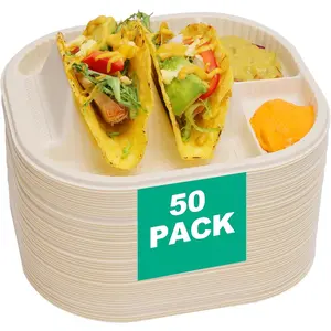 50-Pack Disposable Taco Plates for 2 Tacos & 2 Sides - For Most 4-6 IN Small Hard Shells - Biodegradable Cornstarch Holder Plates - Microwave Safe - Ideal for Fiesta, Bar, Party