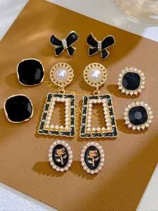 Women's Elegant Rhinestone & Faux Pearl Decor Earrings Set, Trendy Exquisite Bow & Geometric Design Dangle & Stud Earrings, Chic Gorgeous Jewelry As Gift for Girlfriend, High Quality Earrings