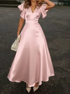 Women's Summer Solid V-Neck Butterfly Sleeve Long Dress, Elegant Chic Party Gown, Formal Wear, Perfect for Weddings, Birthdays, Holidays, Formal Events, Womenswear