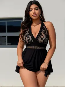 Women's Plus Size Elegant Sleeveless Plunge Neck Swim Dress - Contrast Lace Detail, Soft High-Quality Fabric, Flowy Skirt, Modest Coverage, Tummy Control Tankini, Plus Size Swimsuits for Swimming, Beach Use