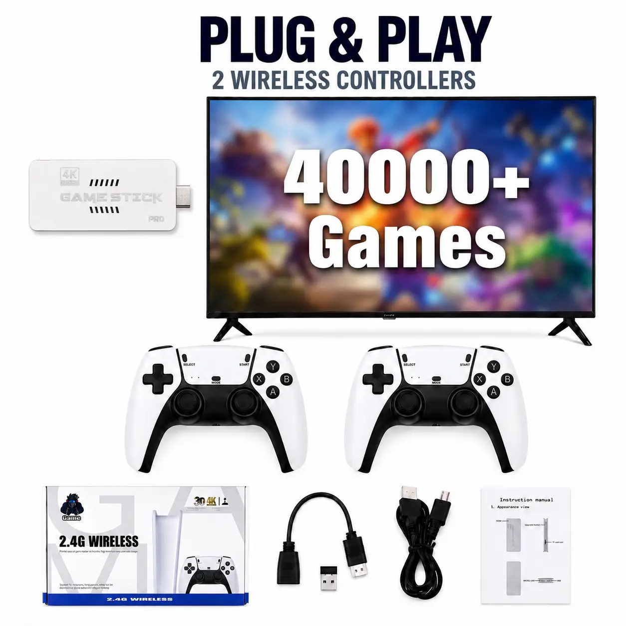 JIGGS Retro Gaming Console for TV, Classic Wireless Game System, Plug & Play Home Entertainment Device, Built-in Classic Games, Dual Wireless Controllers, Gaming Gift for Kids & Adults