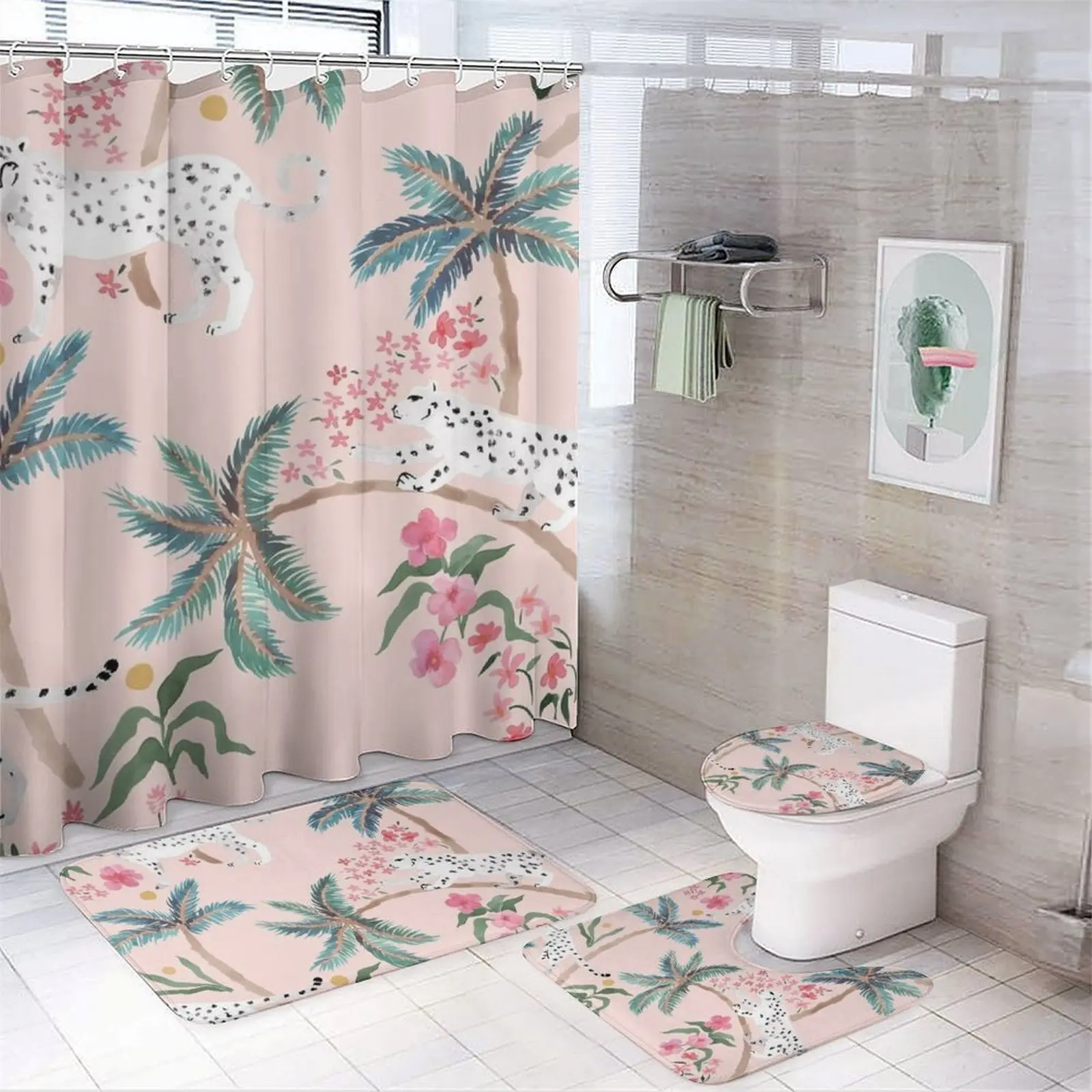 4 Piece Bathroom Shower Curtain Sets with Non-Slip Rugs, Toilet Lid Cover and Bath Mat - Pink Tropical Leopard & Palm Tree Print, Waterproof Fabric Shower Curtain with 12 Hooks, Soft Flannel Bath Rugs Set for Home Decor, 180x180cm Curtain & 3 Piece Mats