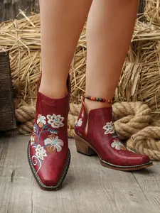 American Vintage Embroidered Western Cowboy Women's Short Boots, Cowgirl Boots, Spring Fall New Fashion Pointed Toe Thick Heel V-Neck Bohemian Floral Chelsea Boots
